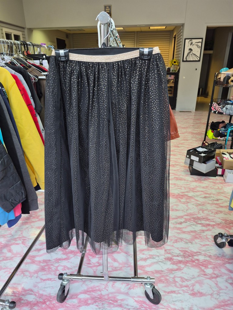 Black skirt displayed on a clothing rack
