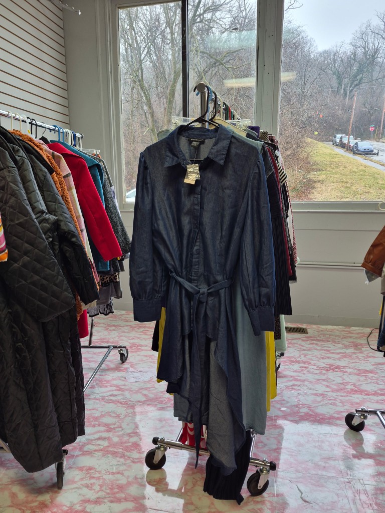 Blue dress displayed with other donated clothing